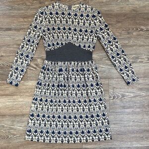 Vintage Goldworm Virgin Merino Wool Blue and Cream Patterned Dress Made In Italy